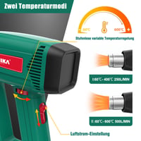 Teplovzdušná pištoľ HYCHIKA 1800W, plynulá regulácia teploty 60°C – 600°C, ochrana proti preťaženiu, 6 trysiek, odstraňovač farieb 3