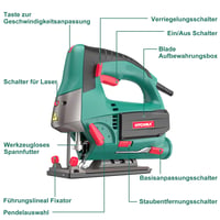 Fierăstrău pendular electric HYCHIKA 800W, adâncime de tăiere 110 mm, 800-3000 SPM, 6 viteze, laser, 0-3 poziții orbitale, 6 pânze de fierăstrău, unghi de înclinare -45°-45°, cu geantă de transport 2