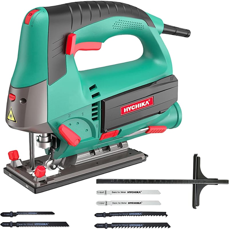 Fierăstrău pendular electric HYCHIKA 800W, adâncime de tăiere 110 mm, 800-3000 SPM, 6 viteze, laser, 0-3 poziții orbitale, 6 pânze de fierăstrău, unghi de înclinare -45°-45°, cu geantă de transport