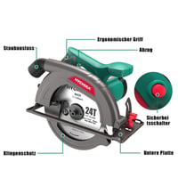 Ručná kotúčová píla HYCHIKA 1300 W, 4500 ot./min, 185 mm, hĺbka rezu 65 mm (90°) a 45 mm (45°), vodiaca lišta, zberač prachu, na rezanie dreva a plastu 5