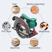 Ručná kotúčová píla HYCHIKA 1300 W, 4500 ot./min, 185 mm, hĺbka rezu 65 mm (90°) a 45 mm (45°), vodiaca lišta, zberač prachu, na rezanie dreva a plastu 7