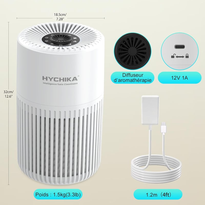 HYCHIKA Légtisztító allergiásoknak aromaterápiával, H13 HEPA szűrő, csendes 20dB, fehér