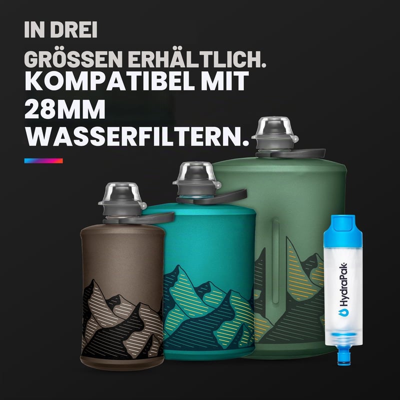 Skladacia turistická fľaša HydraPak Stow 500 ml – bez BPA, ultraľahká, nepriepustný skrutkovací uzáver, mamutia sivá