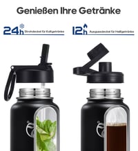 Nerezová izolovaná fľaša HydroPal 1,2 l, so slamkou a 2 uzávermi, bez BPA, 24 h studená/12 h teplá, na šport a cestovanie 3