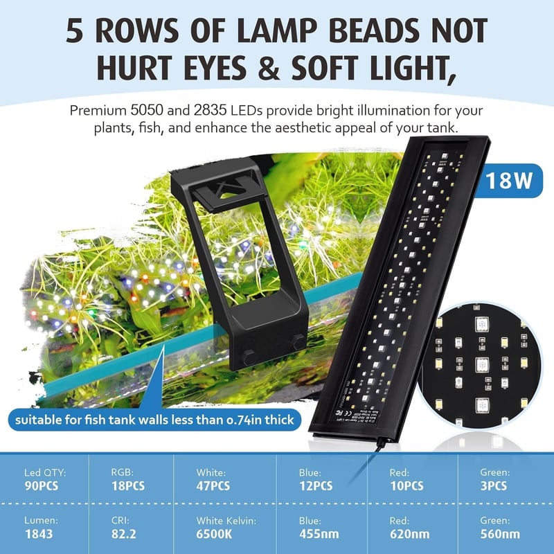 hygger 18W LED Akvárium Lámpa Spektrum Fénnyel, Nappali/Éjszakai Időzítő, 9 Szín Beállítható