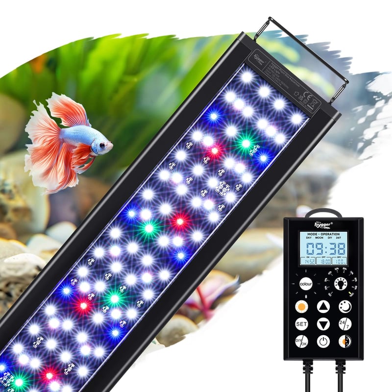 hygger LED svjetiljka za akvarij s 24/7 osvjetljenjem, kontrolerom, 5 načina rada, timerom, 8 boja, 10 razina svjetline, podesivim nosačem, 24W, 45-60 cm