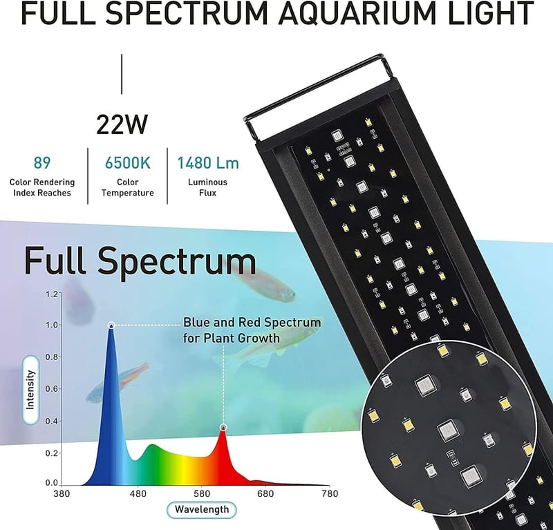 hygger LED Akvárium Lámpa 22W, Teljes Spektrum, 7 Szín, 60-76cm