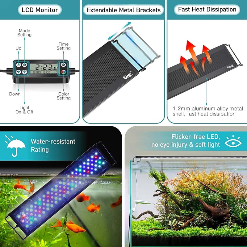hygger LED Akvárium Lámpa 22W, Teljes Spektrum, 7 Szín, 60-76cm