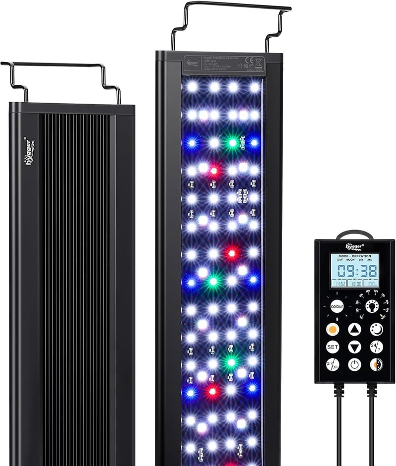 hygger LED akvárium lámpa 58 W, 120-135 cm, 24/7 vezérlővel, 5 mód, 8 szín, időzítő, állítható fényerő