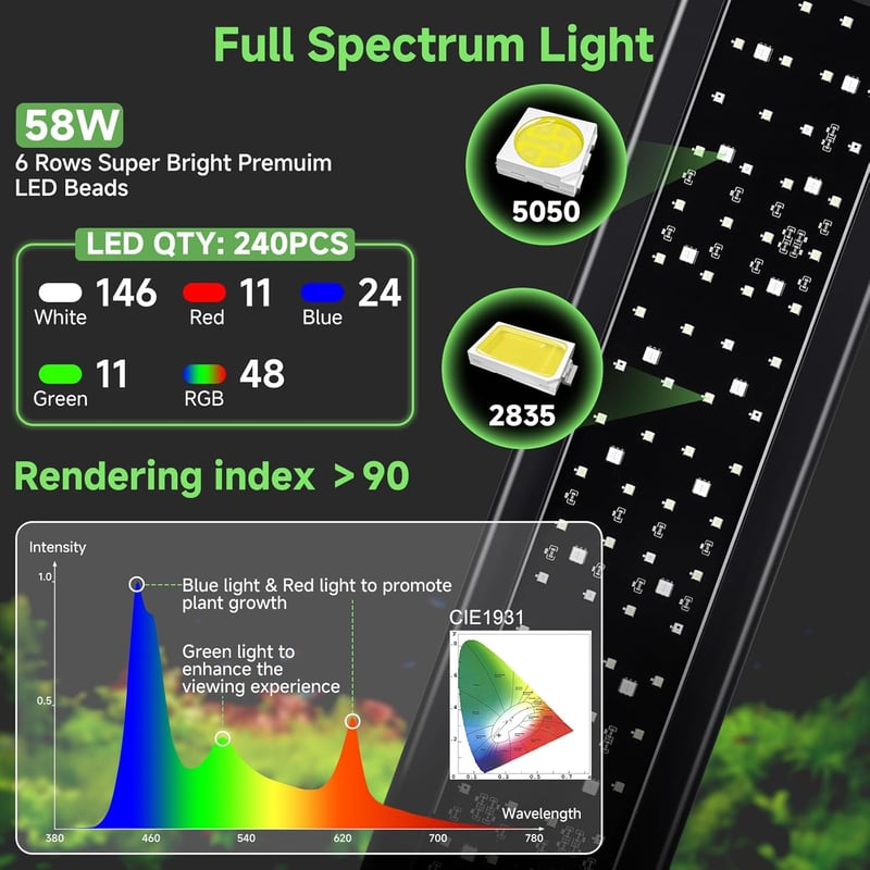 hygger LED akvárium lámpa 58 W, 120-135 cm, 24/7 vezérlővel, 5 mód, 8 szín, időzítő, állítható fényerő