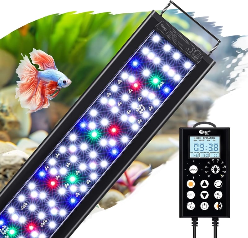 hygger LED akvárium lámpa 58 W, 120-135 cm, 24/7 vezérlővel, 5 mód, 8 szín, időzítő, állítható fényerő