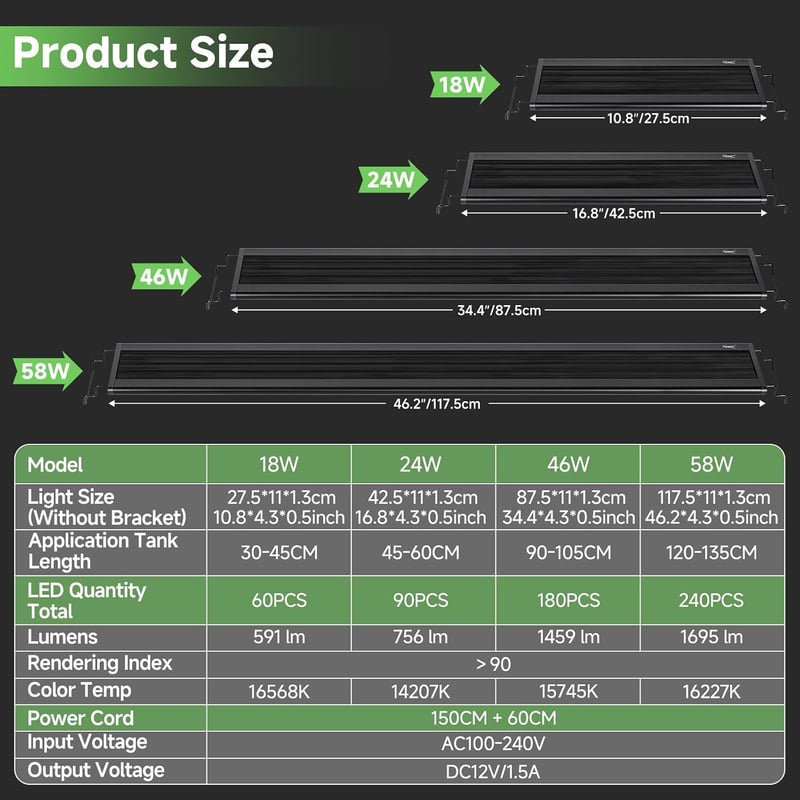 hygger LED akvárium lámpa 58 W, 120-135 cm, 24/7 vezérlővel, 5 mód, 8 szín, időzítő, állítható fényerő