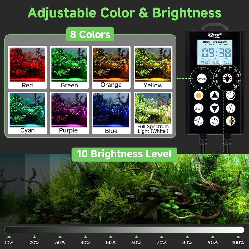 hygger LED akvárium lámpa 58 W, 120-135 cm, 24/7 vezérlővel, 5 mód, 8 szín, időzítő, állítható fényerő