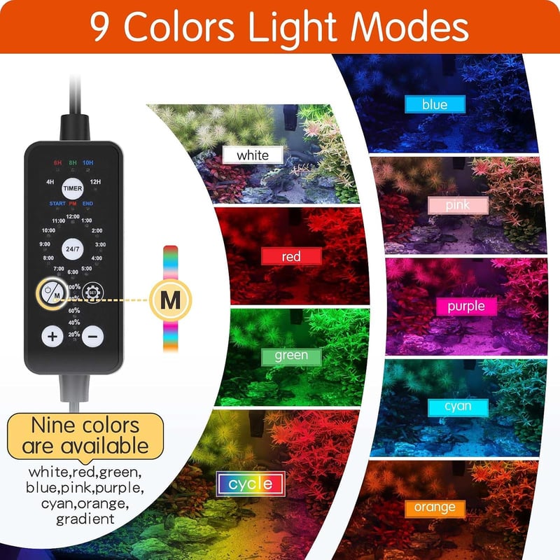 hygger Vízalatti LED Akvárium Lámpa 24/7 Üzemmód 9 Szín 14W