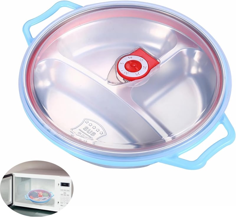 HYRYC Mikrohullámú Tányér 1300ml - 22cm Kerek Ételtároló 3 Rekesszel és Szellőző Fedéllel - Fagyasztható, Mosogatógépben Mosható, BPA-mentes