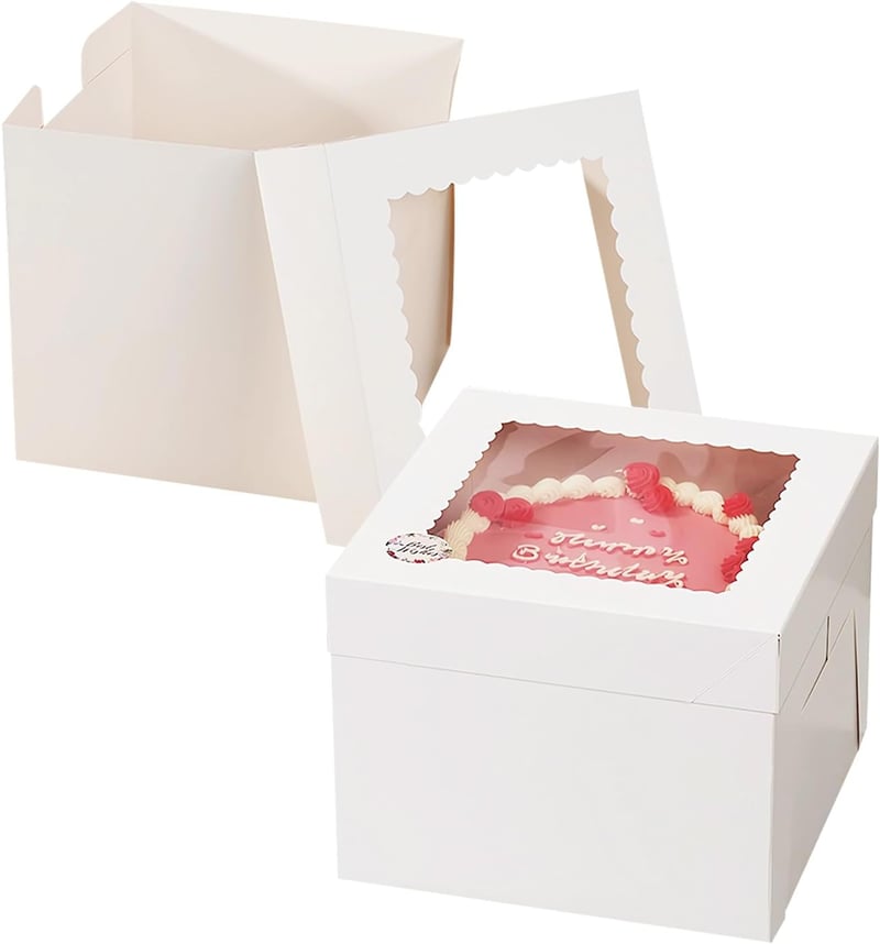 HYRYC Süteményes Doboz 2 db - 20x20x20 cm Ablakos Tortaszállító Kartondoboz Sütemények és Torták Biztonságos Szállításához, Könnyen Összeáll