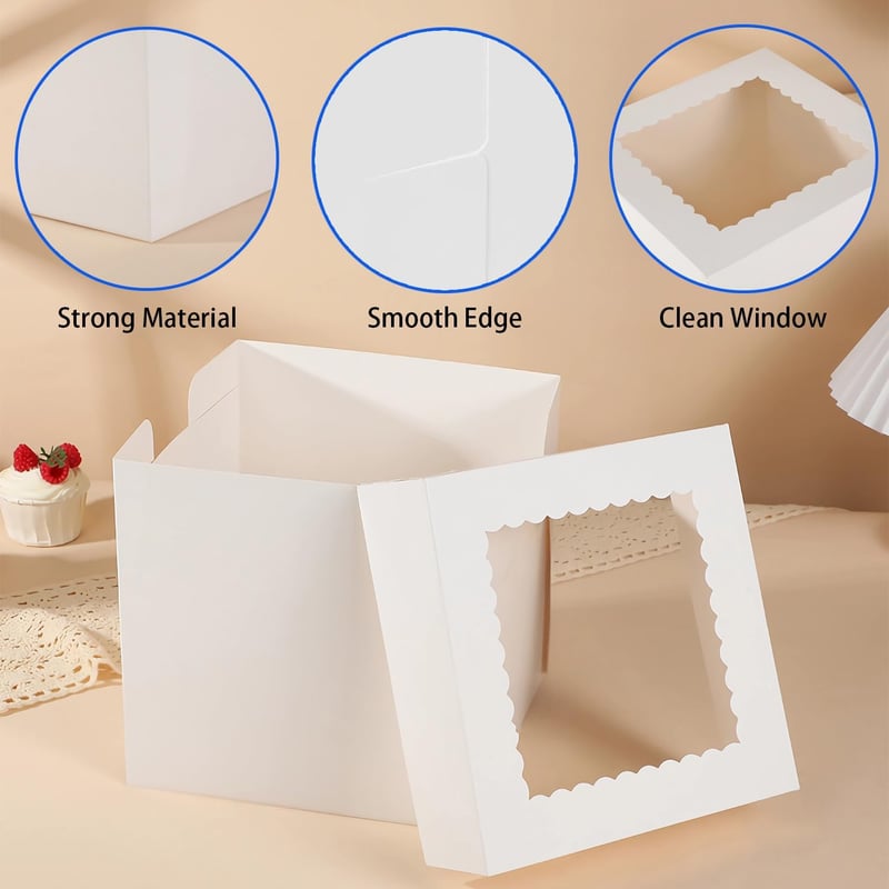 HYRYC Süteményes Doboz 2 db - 20x20x20 cm Ablakos Tortaszállító Kartondoboz Sütemények és Torták Biztonságos Szállításához, Könnyen Összeáll