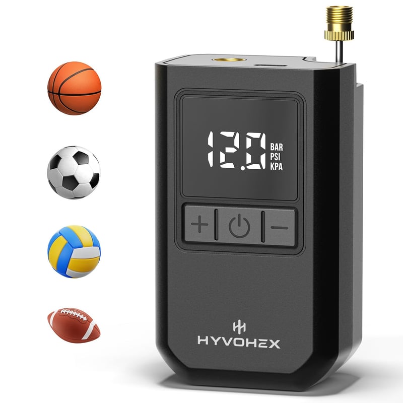 Elektrická pumpa na lopty HYVOHEX, prenosná digitálna pumpa s LCD displejom na futbalové, basketbalové a volejbalové lopty, s manometrom 2 – 17 PSI, čierna