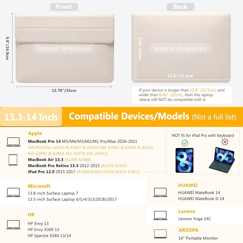 HYZUO 13-14 Colos Laptop Tok Állvánnyal MacBook Pro 14 M5/M4/M3/M2/M1 és Surface Laptop Kompatibilis Bézs - 13.3 - 14 inches, beige