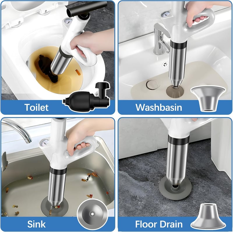 hzuisst Nyomásos WC Duguláselhárító 4 Fej + Kesztyű + Tartó