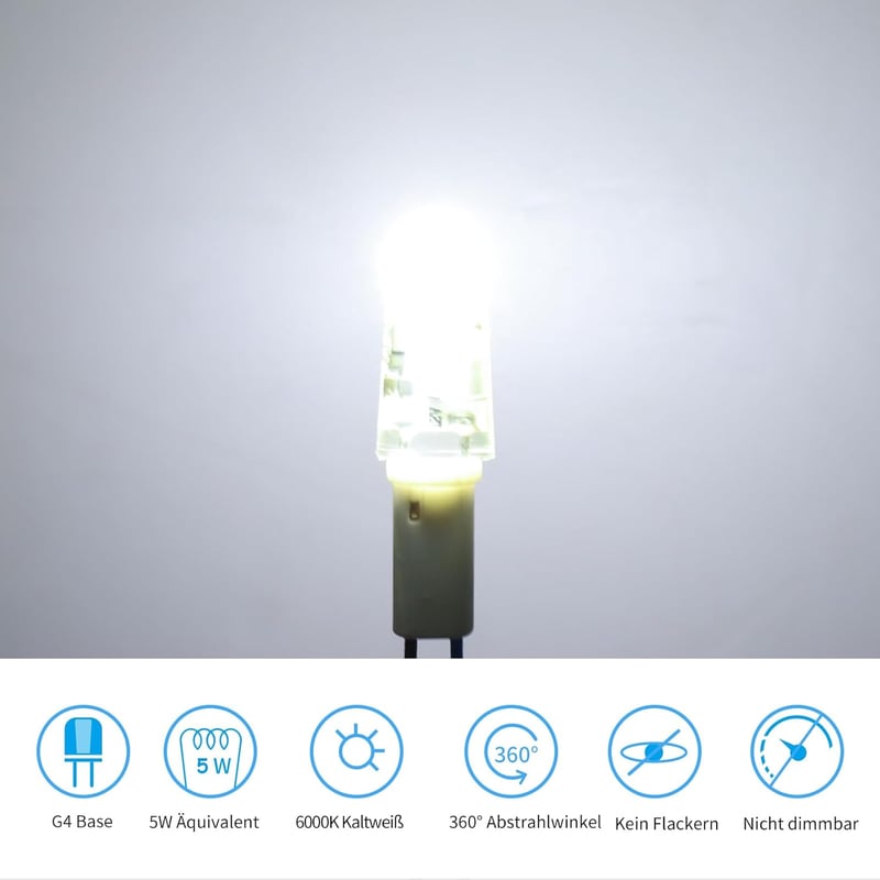I-SHUNFA G4 LED Izzó Csomag, 5db, Hideg Fehér 6000K, 12V, 0.5W, 90lm, Halogén Helyettesítő, Energiatakarékos, Villogásmentes