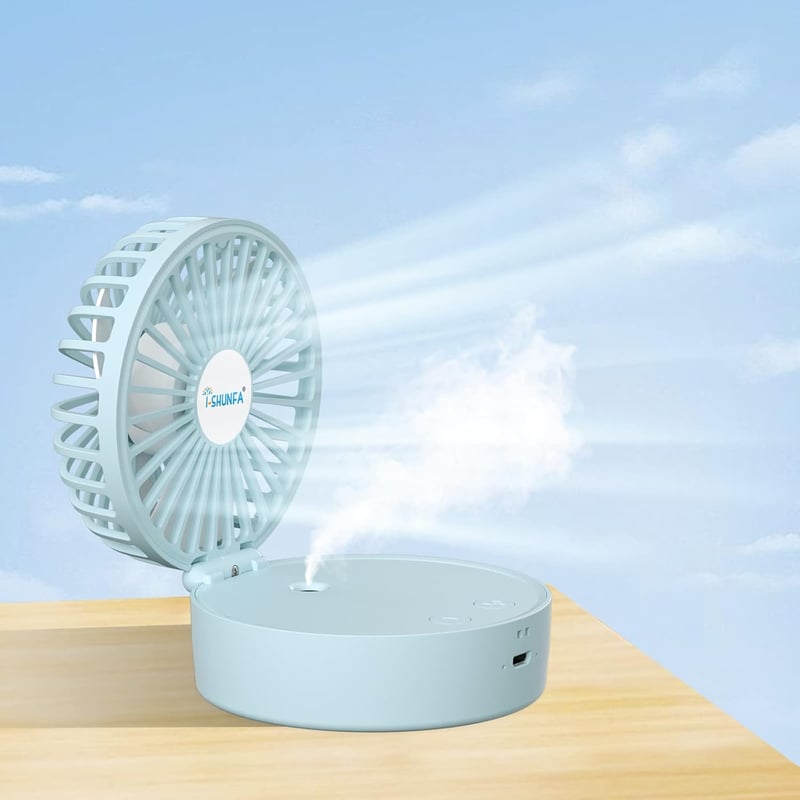I-SHUNFA Hordozható Ventilátor Párásítóval, Akkumulátoros Mini Ventilátor Utazáshoz - Blue (Coloured Lights)