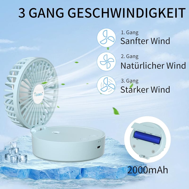 I-SHUNFA Hordozható Ventilátor Párásítóval, Akkumulátoros Mini Ventilátor Utazáshoz - Blue (Coloured Lights)