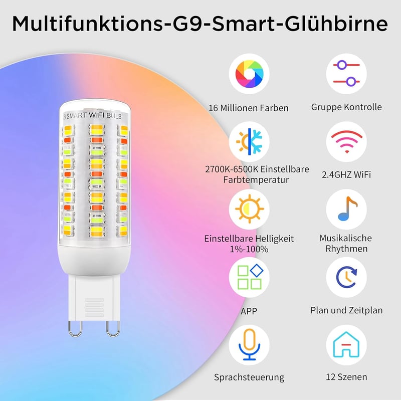 I-SHUNFA Wi-Fi RGBCW G9 LED izzó Alexa/Google Home kompatibilis, 2700-6500K, dimmelhető