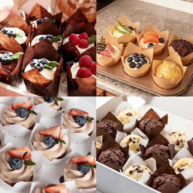 IAXSEE 150db Tulipán Muffin Papír Sütőforma Készlet - Barna, Fehér, Világosbarna