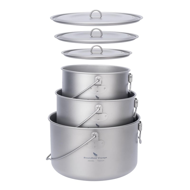 Set de vase de camping din titan iBasingo - 3 oale cu capac (1,3L, 1,95L, 2,9L) pentru drumeții