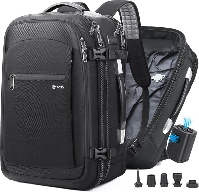 ibeacos 60L Expandálható Utazó Hátizsák Kompresszióval, TSA Zárral és 17" Laptop Rekesszel - Black With Pump