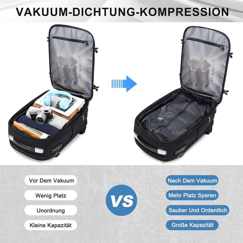 ibeacos 60L Expandálható Utazó Hátizsák Kompresszióval, TSA Zárral és 17" Laptop Rekesszel - Black With Pump