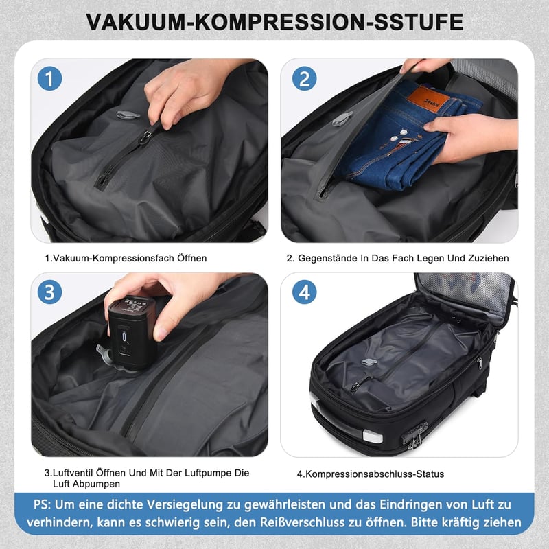 ibeacos 60L Expandálható Utazó Hátizsák Kompresszióval, TSA Zárral és 17" Laptop Rekesszel - Black With Pump