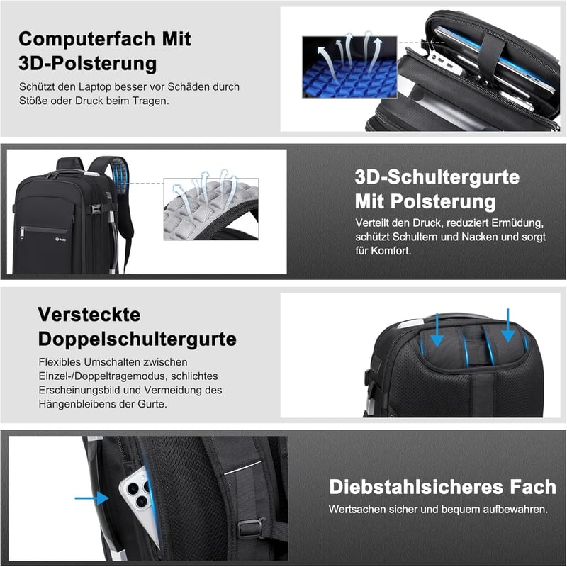ibeacos 60L Expandálható Utazó Hátizsák Kompresszióval, TSA Zárral és 17" Laptop Rekesszel - Black Without Pump
