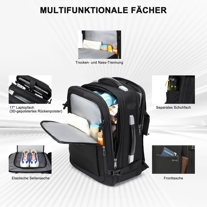 ibeacos 60L Expandálható Utazó Hátizsák Kompresszióval, TSA Zárral és 17" Laptop Rekesszel - Black With Pump