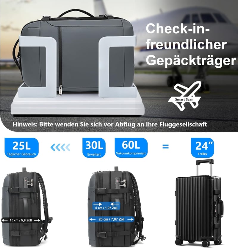 ibeacos 60L Vákuum Hátizsák Bővíthető, TSA Zárral és Vákuumpumpával, Vízálló Laptop Hátizsák 17,3" - Gray