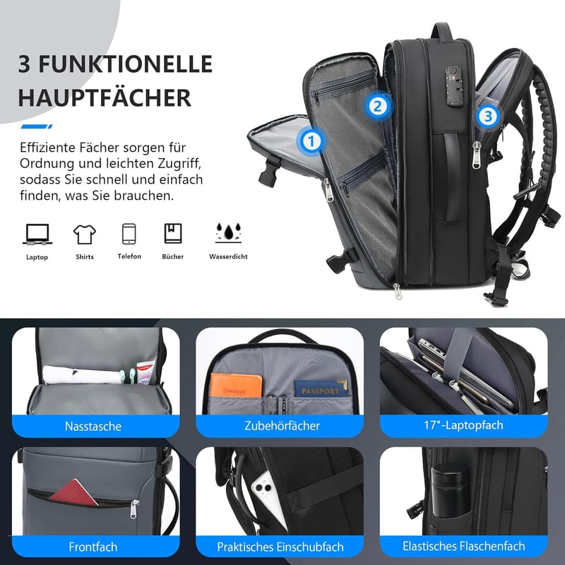 ibeacos 60L Vákuum Hátizsák Bővíthető, TSA Zárral és Vákuumpumpával, Vízálló Laptop Hátizsák 17,3" - Gray