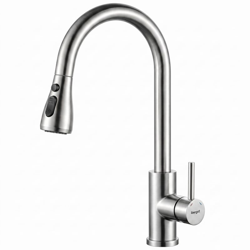 Baterie de bucătărie cu pipă extractibilă Ibergrif M22137, oțel inoxidabil, finisaj periat