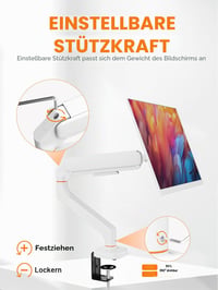 Ibergrif MA001W Držiak na monitor pre obrazovky 13-32 palcov, nastavenie výšky pomocou plynovej pružiny, sklopný, otočný, káblový manažment, VESA 75/100 mm, biely 6