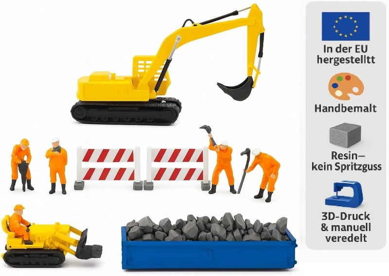 Iberplace H0 Építkezési szett 9 részes - Excavátor, Loader, Munkások, 1:87 méretarány