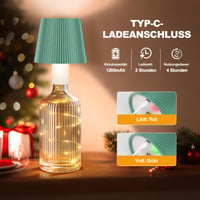Sklenená LED lampa ICARE s rozprávkovými svetielkami, zelená, bezdrôtová fľašková lampa, nabíjateľná cez USB-C, dotykové stmievanie, 3 teploty farieb, IP54 4