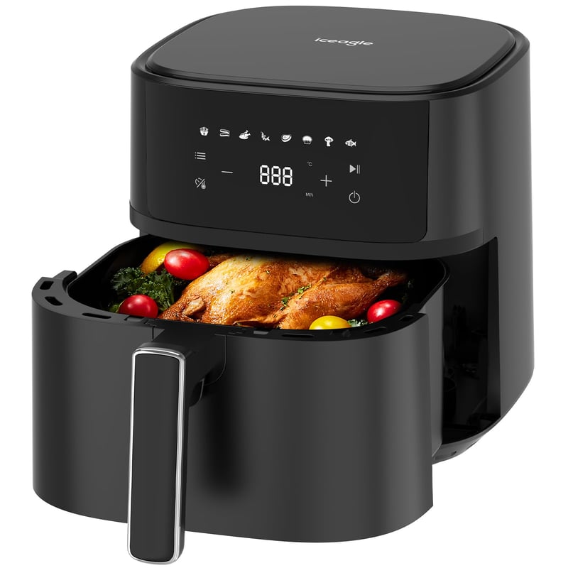 Fritieră cu aer cald iceagle 6,5 L XXL - 1700W, aparat de gătit cu aer cald fără ulei, 8 programe, afișaj LED digital, timer, 80-200°C, negru