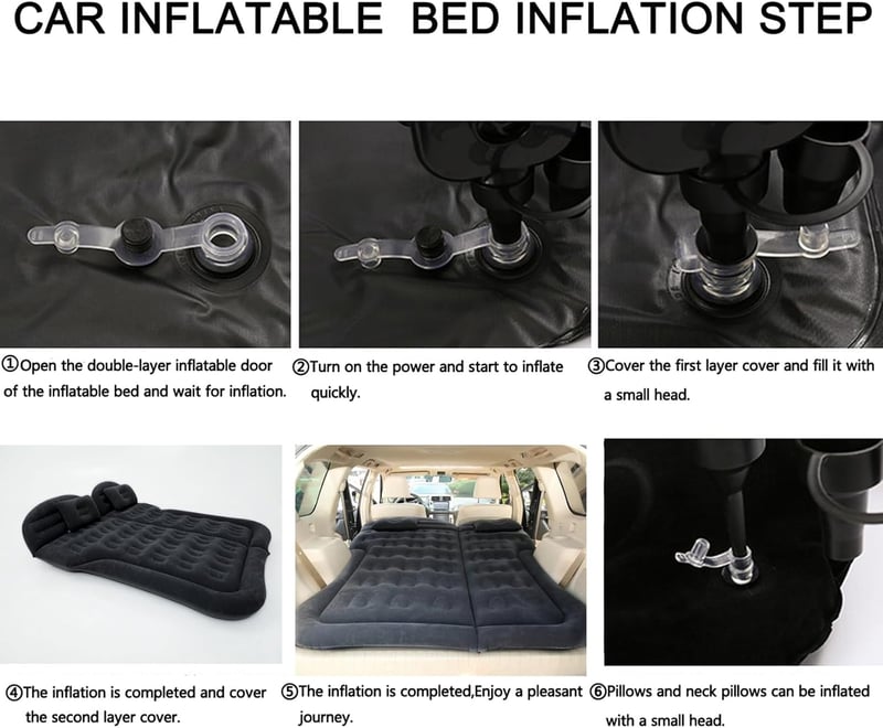 Icelus SUV Autós Felfújható Matrac 175x130x15cm - Légpumpával, Utazáshoz, Kempingezéshez, Csomagtartóba - Fekete Hordozható Légágy Kültéri H