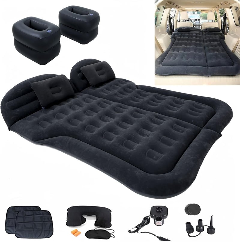 Icelus SUV Autós Felfújható Matrac 175x130x15cm - Légpumpával, Utazáshoz, Kempingezéshez, Csomagtartóba - Fekete Hordozható Légágy Kültéri H