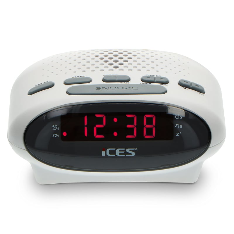 Rádiobudík iCES ICR-210 – FM PLL tuner, LED displej, duálny budík, funkcia odloženého budenia (snooze), časovač vypnutia (sleep timer), biely