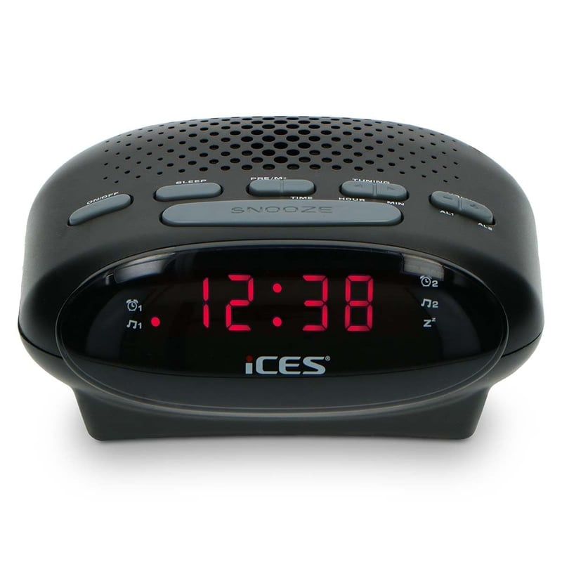 Ceas deșteptător cu radio FM iCES ICR-210 - Alarmă dublă, funcție snooze, tuner PLL, afișaj LED, negru
