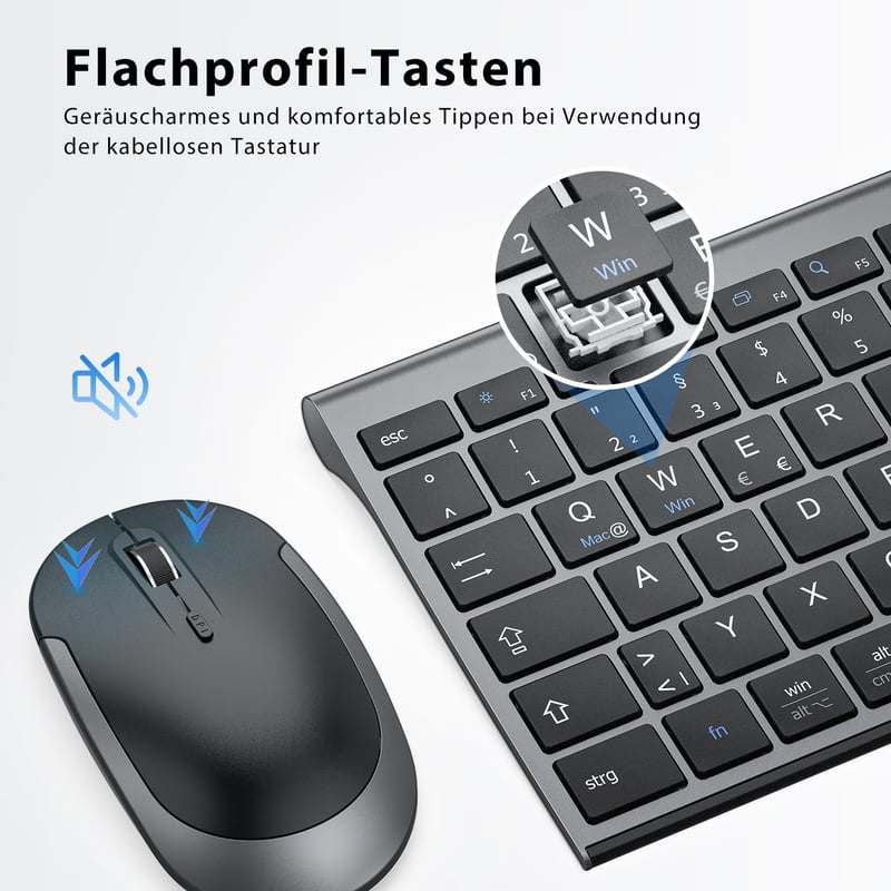 iClever 2.4G Vezeték Nélküli Billentyűzet és Egér Szett, USB-C Újratölthető, Teljes Méretű, Vékony és Tartós, Windows 7/8/10 és Mac OS Kompa