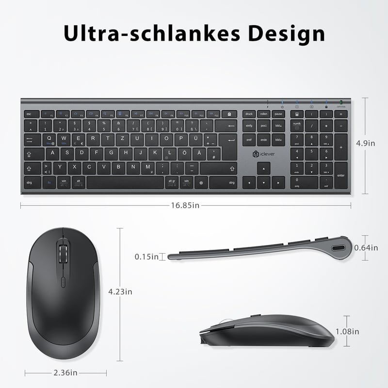 iClever 2.4G Vezeték Nélküli Billentyűzet és Egér Szett, USB-C Újratölthető, Teljes Méretű, Vékony és Tartós, Windows 7/8/10 és Mac OS Kompa