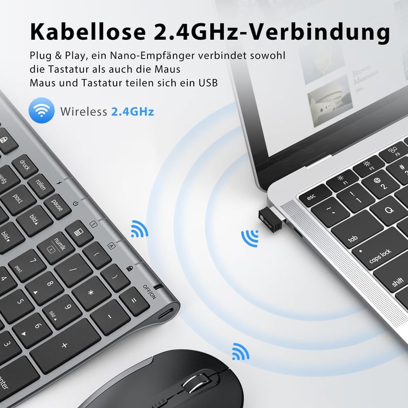 iClever 2.4G Vezeték Nélküli Billentyűzet és Egér Szett, USB-C Újratölthető, Teljes Méretű, Vékony és Tartós, Windows 7/8/10 és Mac OS Kompa