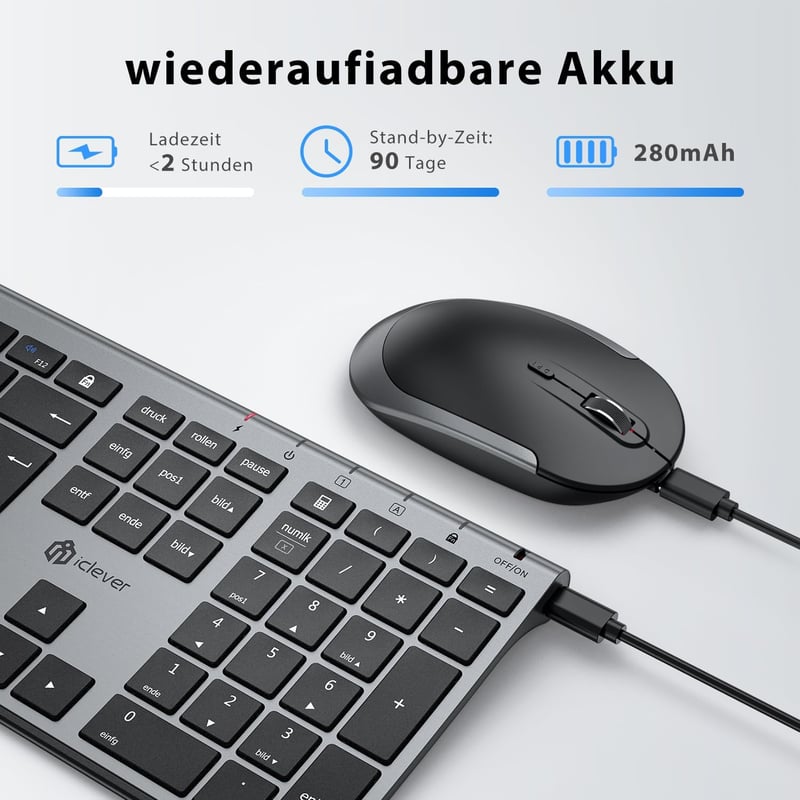 iClever 2.4G Vezeték Nélküli Billentyűzet és Egér Szett, USB-C Újratölthető, Teljes Méretű, Vékony és Tartós, Windows 7/8/10 és Mac OS Kompa